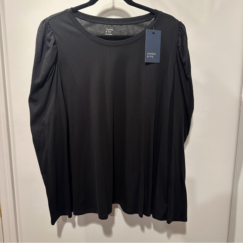 NEW crown & ivy Black Long Sleeve Puff Shoulder Top - 2X